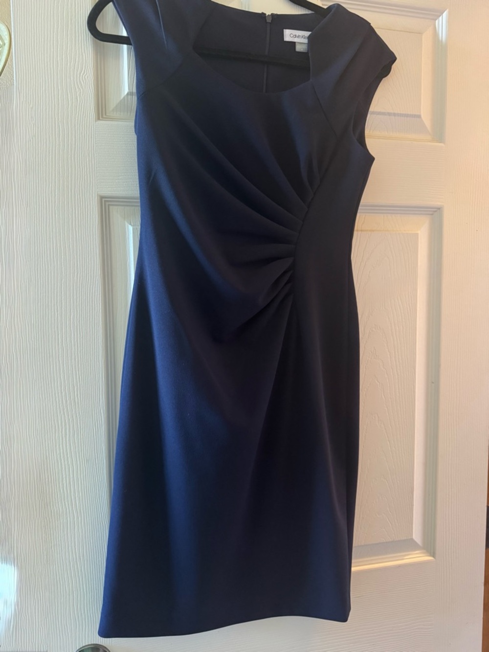 Calvin Klein Dark Navy Midi Sheath Dress with Draped Side